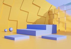 Purple podium with abstract yellow wall. Stand to show products. Stage showcase with modern scene. Pedestal display with copy space. 3D rendering. Studio platform template. photo