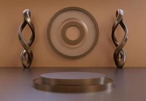 Elegant podium with abstract art objects. Stand to show products. Stage showcase with modern scene. Pedestal display with copy space. 3D rendering. Studio platform template.