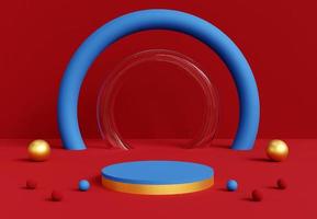 Blue cylinder podium with decorative objects in red background. Stand to show products. Stage showcase with copy space. Pedestal display. Banner size. Website cover template. 3D rendering.