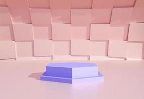 Purple podium with abstract pink wall. Stand to show products. Stage showcase with modern scene. Pedestal display with copy space. 3D rendering. Studio platform template.