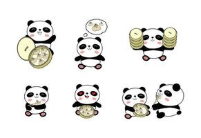 Set of baby pandas with xiao long bao dumplings vector illustration