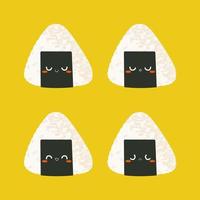 Four onigiri characters vector illustration isolated on yellow background