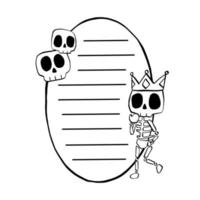 Notepaper black line and Skeleton Skull on oval frame. Vector illustration about Halloween for decorate, greeting cards, stationery and any design.