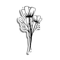 Monochrome Mini Flowers Bouquet on white silhouette and gray shadow. Vector illustration for decoration or any design.