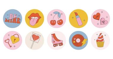 Collection of valentines day stickers in retro groovy style vector