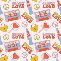 Seamless pattern in trendy retro groovy style. With valentines day elements vector