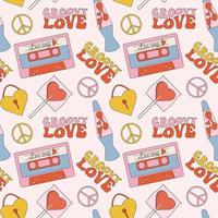 Seamless pattern in trendy retro groovy style. With valentines day elements vector