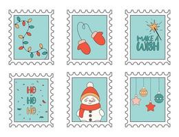 invierno y navidad conjunto de sellos festivos para postales vector