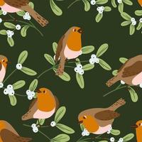 Robin birds and mistletoe vector seamless pattern. Birds and pland winter, christmas texture.