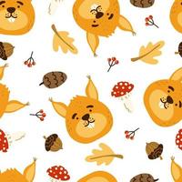 Cute squirrel seamless vector pattern. Fly agaric, cone, acorn, oak leaf, squirrel head, berries texture.