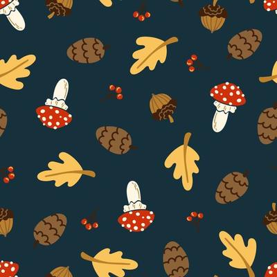 Cute forest seamless vector pattern. Fly agaric, pine cone, acorn, oak leaf, berries texture.