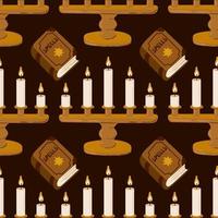 Halloween vector cartoon seamless pattern with pumpkin lantern, ghost, skull, spider, and other scary or festive elements . Mystical background for wallpaper, wrapping, packing, and backdrop.