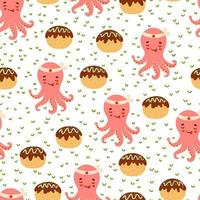 Cute red asian octopus and Takoyaki balls asian food vector seamless pattern. Japanese snack texture.