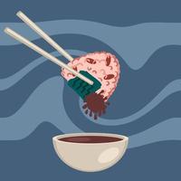 Sekihan onigiri red bean rice ball with soy sauce and chopsticks. vector