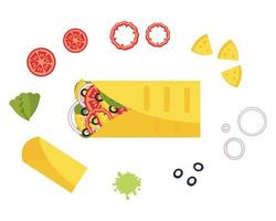 Cheese and olives mexican fastfood burrito recipe ingredients. vector