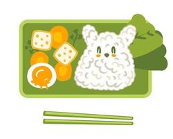 Bento box with rice bunny, tofu, cheese and carrot. vector