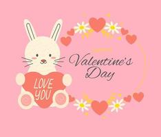 Valentine's Day Greeting Card Rabbit holds  heart and text in  frame of flowers vector