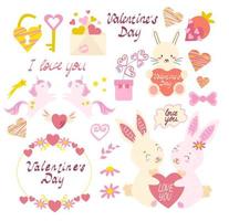 Valentine day set cute rabbit,  lettering, unicorn, star, flower, wreath and hearts. vector