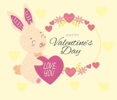 Valentine's Day Greeting Card Rabbit holds  heart and text in  frame of flowers vector