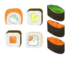 conjunto de diferentes gunkans y sushi roll philadelphia sobre fondo aislado vector