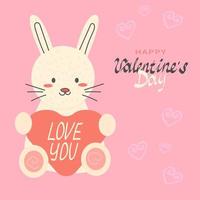 tarjeta de felicitación del día de san valentín lindo conejo tiene corazón y texto vector