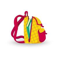 mochila escolar y preescolar para niños, colores amarillo y rojo, diseño de damas, con gran bolsillo frontal y cremalleras, con un libro de texto verde cayendo. vista lateral, mochila colorida abierta vector