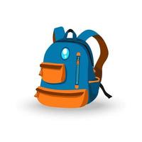 School and preschool backpack for children, blue, brown and orange colors, with pockets and zipper closures, with shiny oval badge. Front or three-quarter view, closed. Colorful cartoon image vector