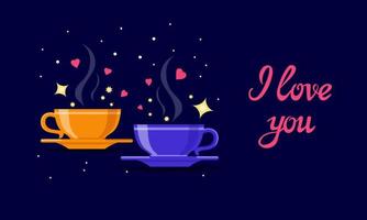 Cartoon orange and dark blue steamy tea or coffee cups with hearts and stars. Lettering I Love You. Leisure, relax with hot aromatic drink for a couple vector