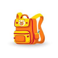 School and preschool backpack, vivid orange and yellow colors, with pockets and zipper closures, with rabbit badge and stars, pencil in side pocket. Front or three-quarter view, closed vector