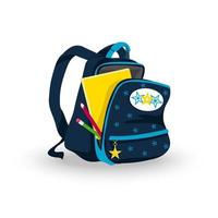 mochila escolar y preescolar para niños, azul oscuro con diseño espacial de estrellas, con bolsillos y cremalleras, lápices y libreta. vista lateral o de tres cuartos, mochila abierta vector