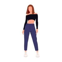 Yound sexy lady in crop top and mom jeans isolated on the white background. Beautiful slim woman posing. Vector illustration