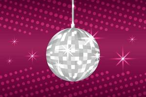 Silver disco ball on red background. Glowing discoball. Night club party equipment. Shiny mirror ball vector