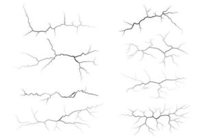 Cracks collection on wall, earth or stone. Scratches lines on surfaces. Lightning and thunderstorm vector illustrations. Fissure on ground and ice. Graphic explosions textures with holes.