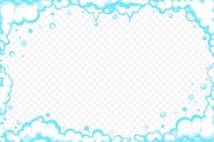 Soapy foam with bubbles. Frame of cartoon shampoo and shaving mousse foam suds. Clouds border. Vector illustration