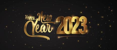 Happy New Year of glitter gold fireworks. Vector golden glittering text and 2023 numbers with sparkle shine for holiday greeting card.