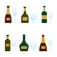 un juego de botellas con alcohol y varios vasos. objetos vectoriales en estilo plano, aislados. bebidas alcohólicas y vasos de cristal vector