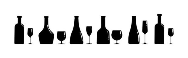 A set of silhouettes of alcohol bottles and glasses of different shapes. Horizontal banner. Vector clip art isolate on white.