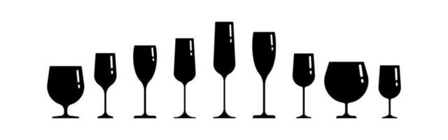 A set of black silhouettes of glasses of different shapes. Vector clip art isolate on white. Simple minimalistic illustration