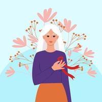 Woman with a red ribbon on her chest is a symbol of the fight against AIDS. The concept of prevention of HIV infection. Vector flat illustration