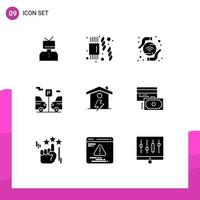 Pack of 9 creative Solid Glyphs of power house technology home transport Editable Vector Design Elements