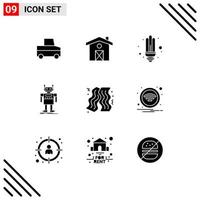 Group of 9 Modern Solid Glyphs Set for fast food bacon saver technology artificial Editable Vector Design Elements