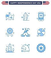 Happy Independence Day 4th July Set of 9 Blues American Pictograph of tent free star cell police phone Editable USA Day Vector Design Elements