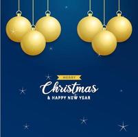 Christmas blue background with hanging shining golden balls. Merry christmas greeting card. Holiday Xmas and New Year poster. web banner vector