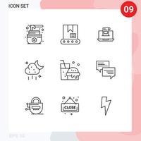 Pack of 9 Modern Outlines Signs and Symbols for Web Print Media such as weather storage e cloud mail Editable Vector Design Elements