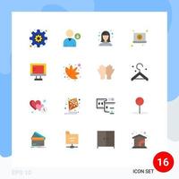 Pack of 16 Modern Flat Colors Signs and Symbols for Web Print Media such as leaf study student online video Editable Pack of Creative Vector Design Elements