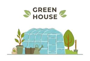 Greenhouse. Cultivate. Vector illustration of agriculture. Vegetable garden. Trees.