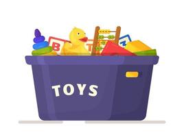 Vector illustration of a box of children's toys. Basket with different developmental toys. Drawn in a flat style.