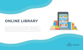 Vector banner to promote an online library. Bookcase in the phone. Buying and renting books right at home.