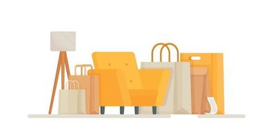 Vector illustration of a room full of parcels and boxes. Online shopping from home.