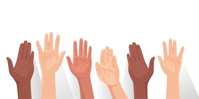 We stand together, vector people raise their hands